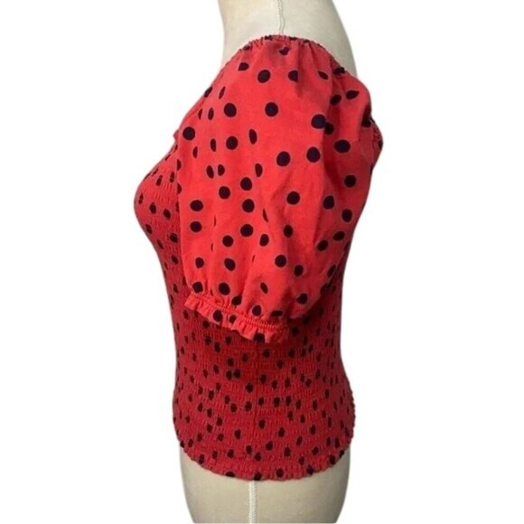 Anthropologie Dolan Red Polka Dot Smocked Puff Sleeve Blouse - Picture 5 of 8